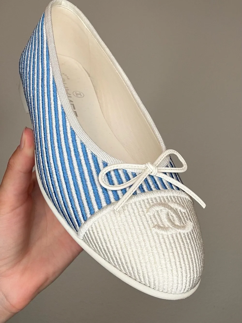 CHANEL Blue & White Striped Canvas Ballet Flats with Bow